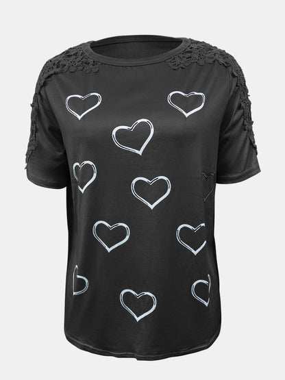 Full Size Lace Detail Heart Round Neck Short Sleeve Top.