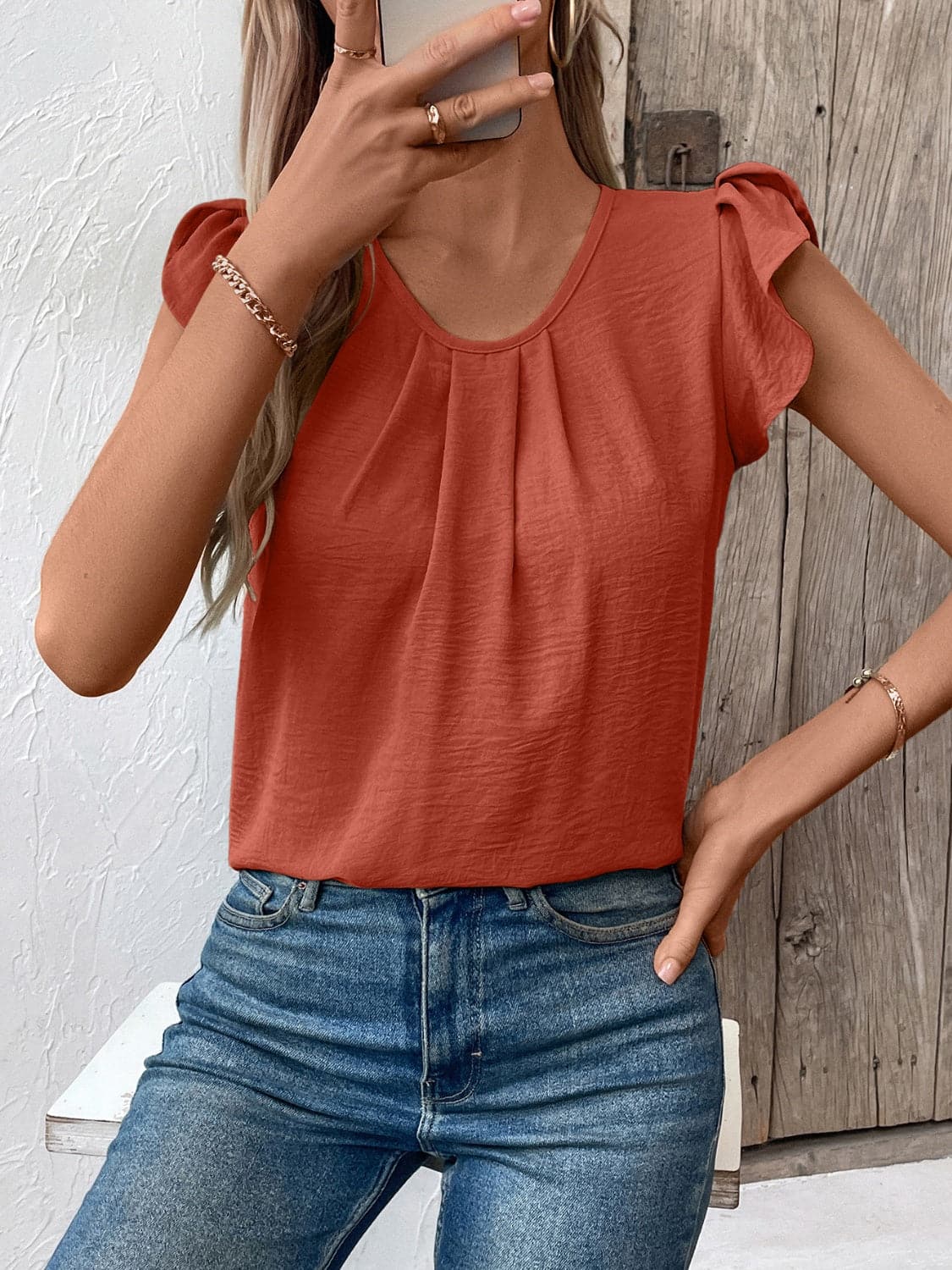 Ruched Round Neck Cap Sleeve Blouse.