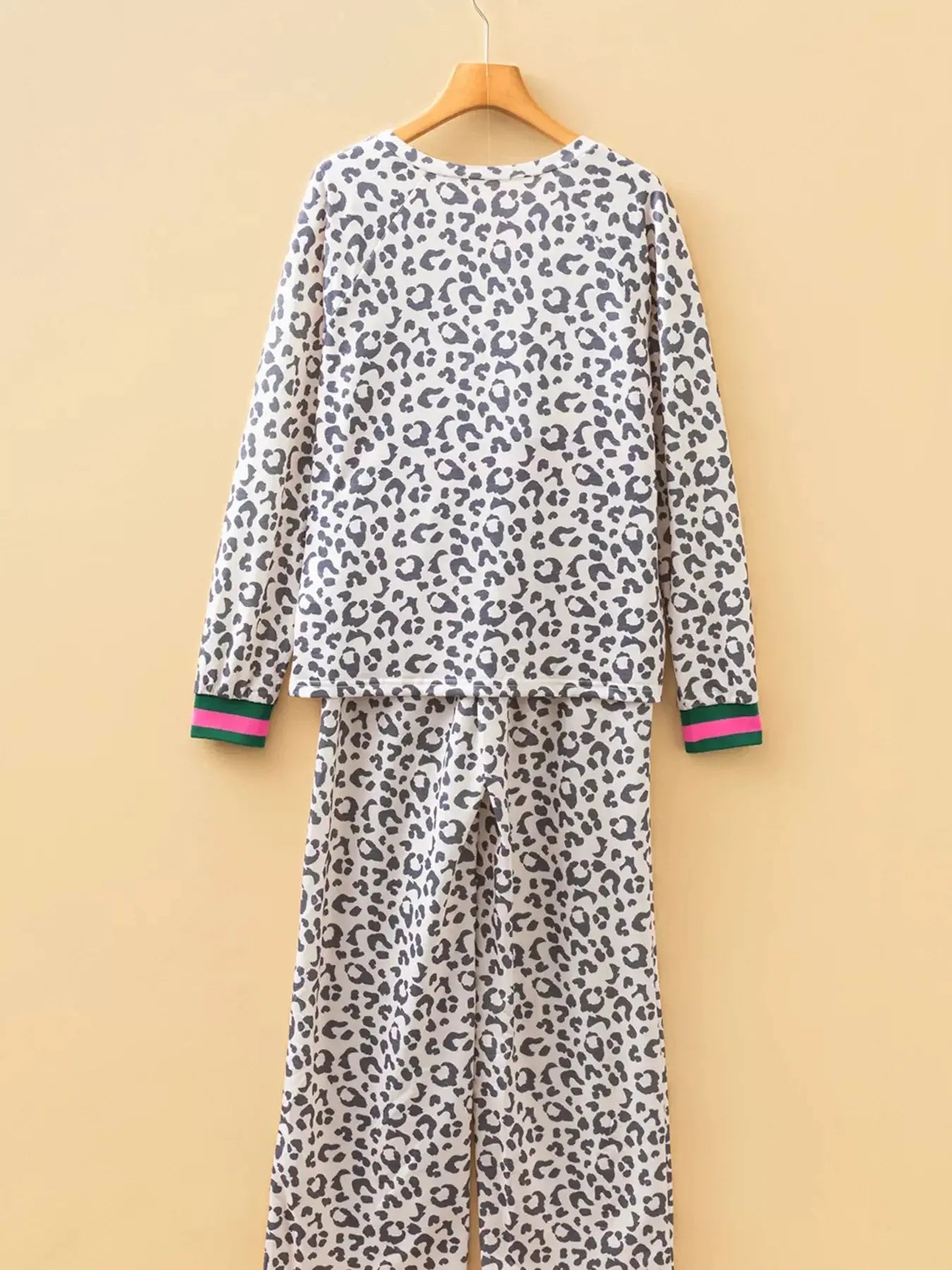 V Neck Leopard Long Sleeve Top Striped Webbing Patchwork Drawstring Pant Set Simply Love