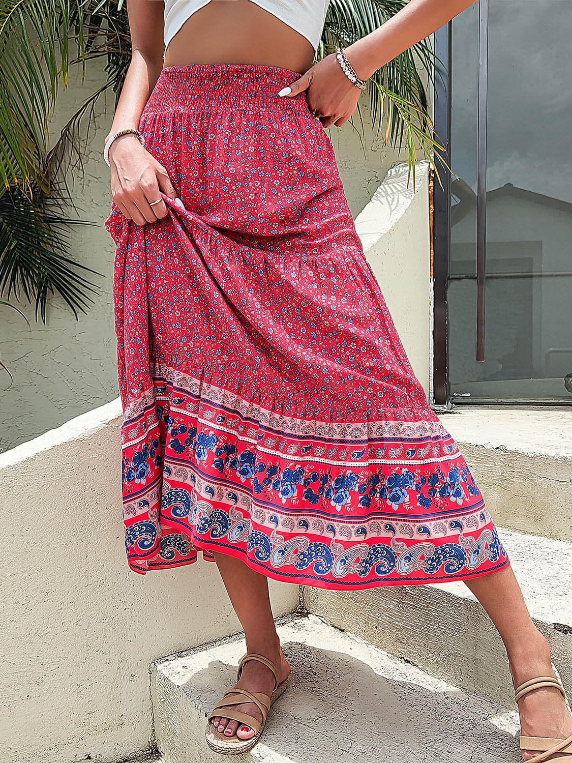 Printed Tiered High Waist Skirt.