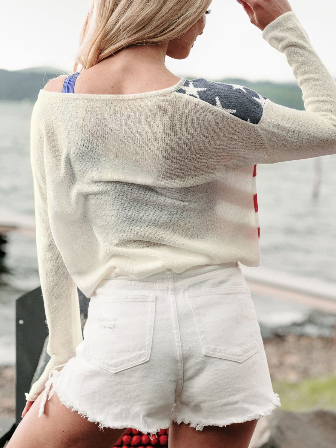 US Flag Boat Neck Long Sleeve Knit Top.