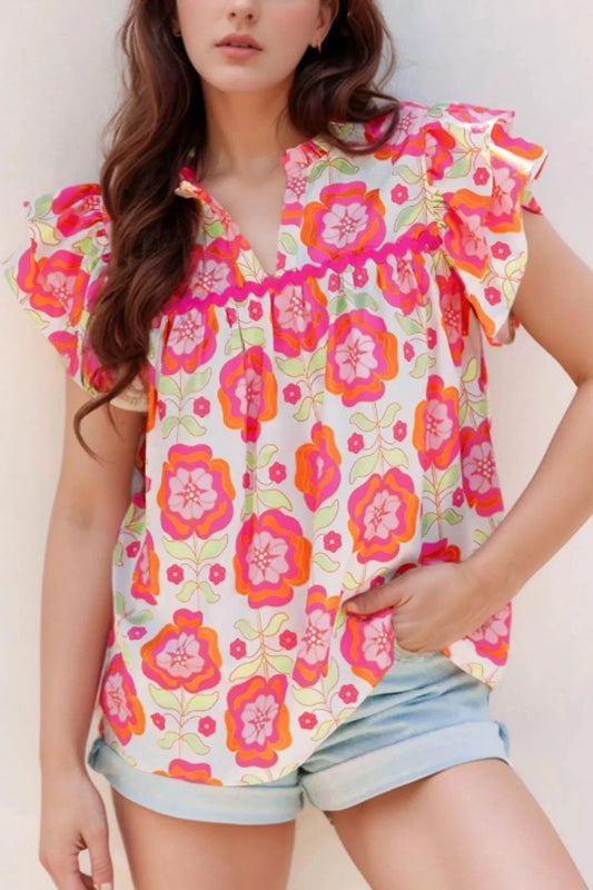 Floral Ruffled Sleeve Ric-Rac Trim Split Neck Loose Blouse Simply Love