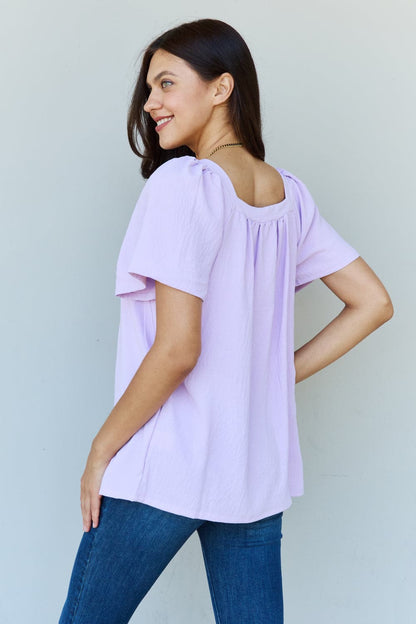 Ninexis Keep Me Close Square Neck Short Sleeve Blouse in Lavender.