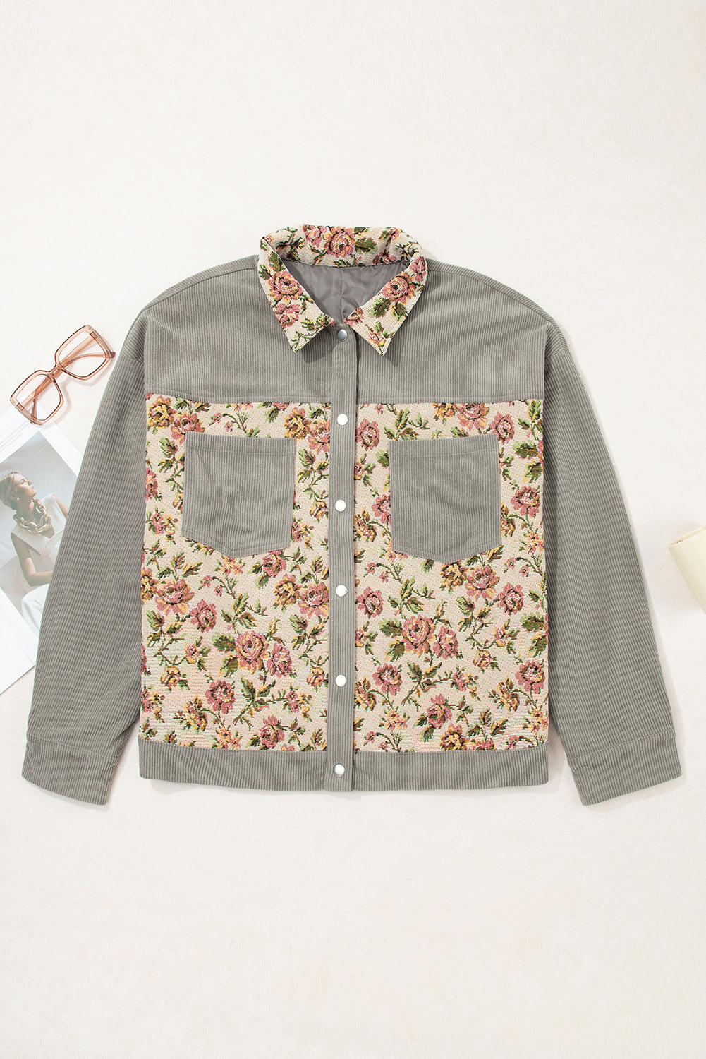 Medium Grey Corduroy Floral Patchwork Vintage Jacket Dear-Lover Dropshipping