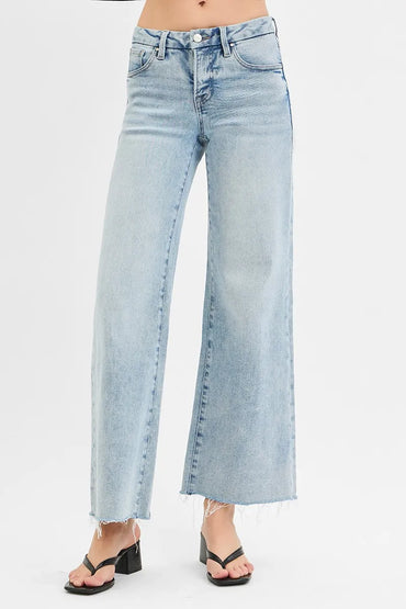 Risen Full Size Tummy Control Low Rise Wide Leg Raw Cut Hem Jeans Plus Size - Love Salve 