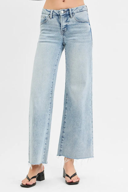 Risen Full Size Tummy Control Low Rise Wide Leg Raw Cut Hem Jeans Plus Size - Love Salve 