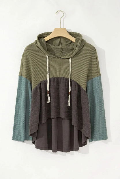 Waffle-Knit High-Low Color Block Hooded Long Sleeve Top