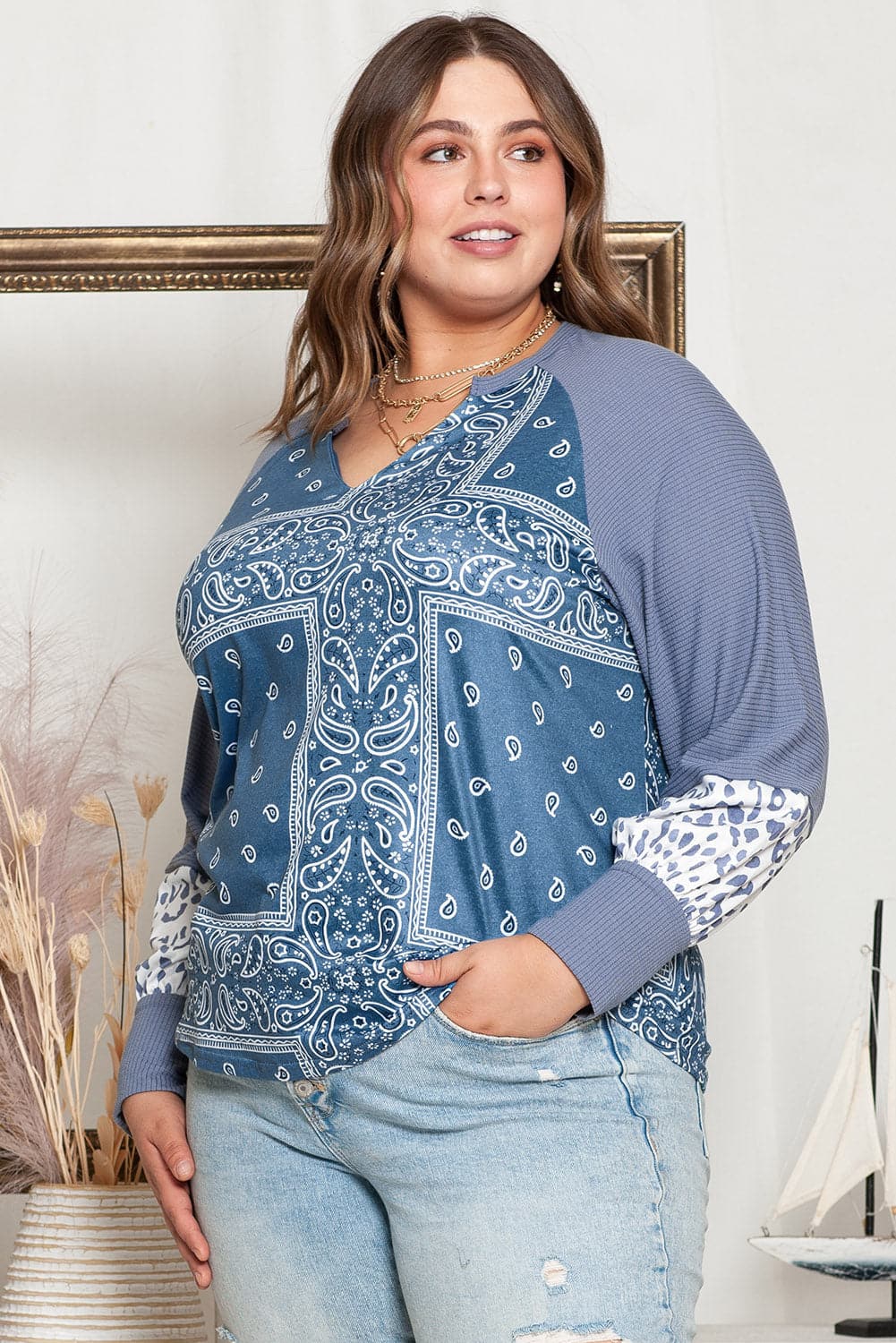 Plus Size V-Neck Printed Raglan Sleeve Blouse.