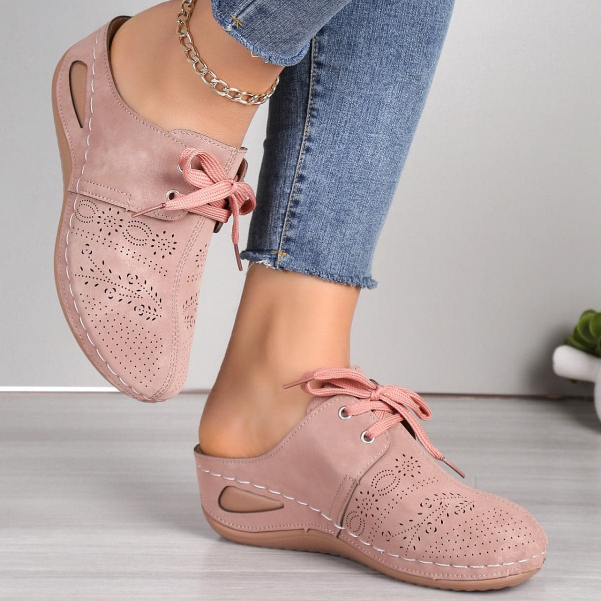 Lace-Up Round Toe Wedge Sandals.