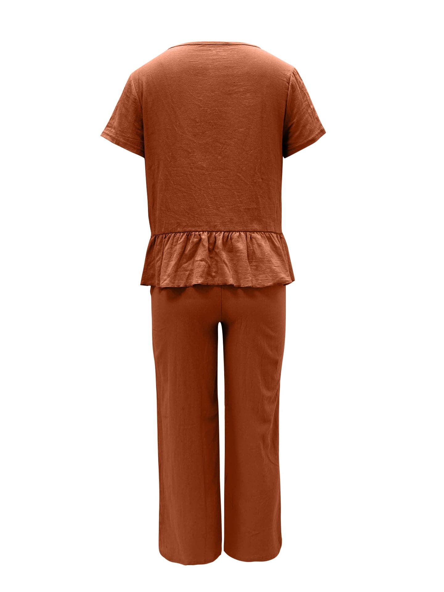 Peplum Round Neck Short Sleeve Top and Pants Set.