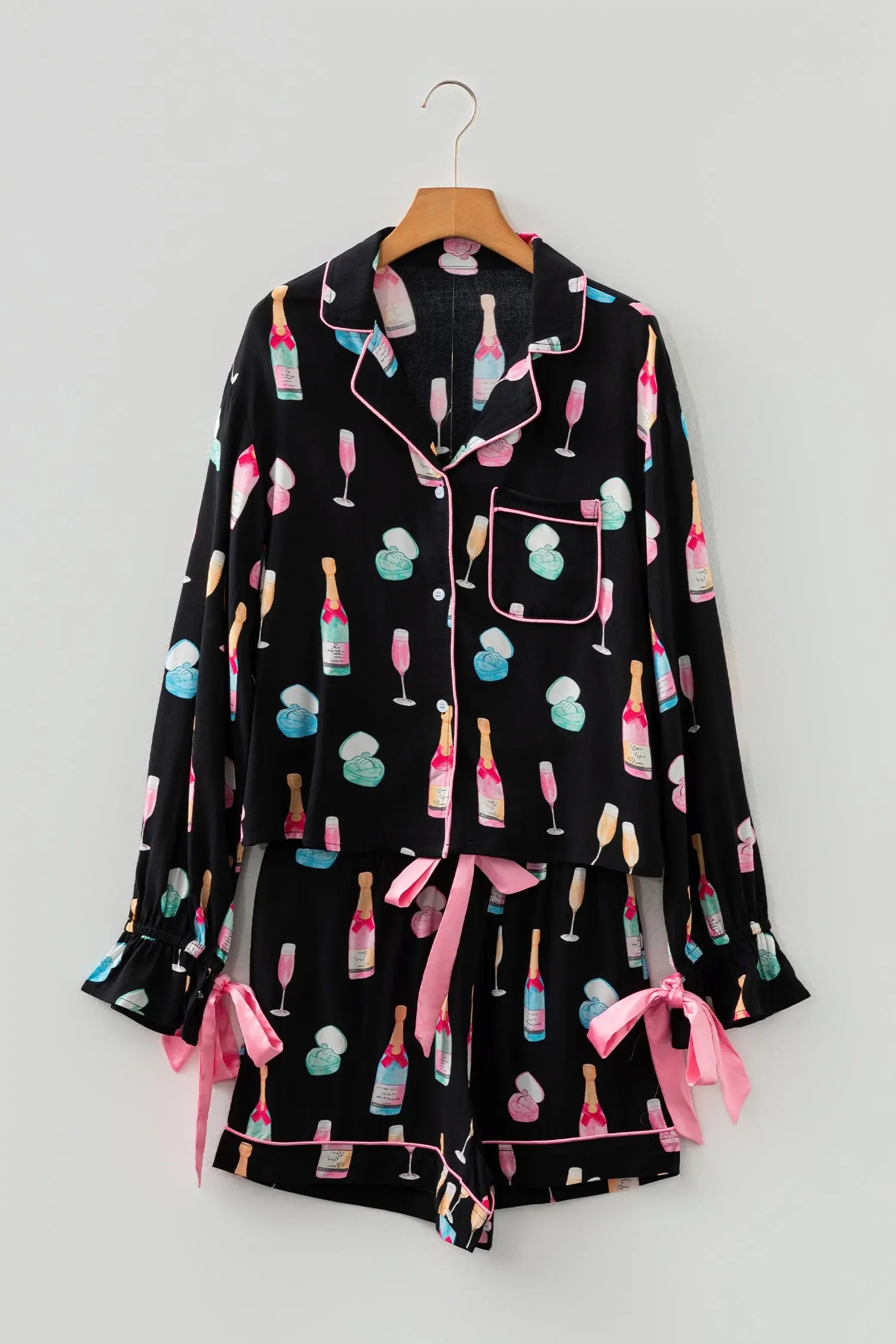 Black Christmas Wine Glass Print Bow Knot Two Piece Pajama Set Dear-Lover Dropshipping