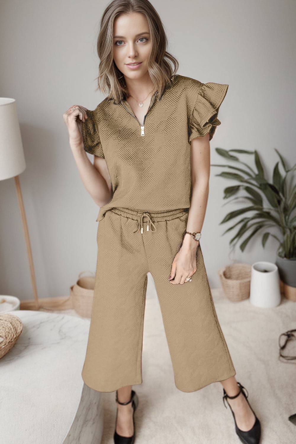 Ruffled Quarter Zip Top and Drawstring Pants Set.