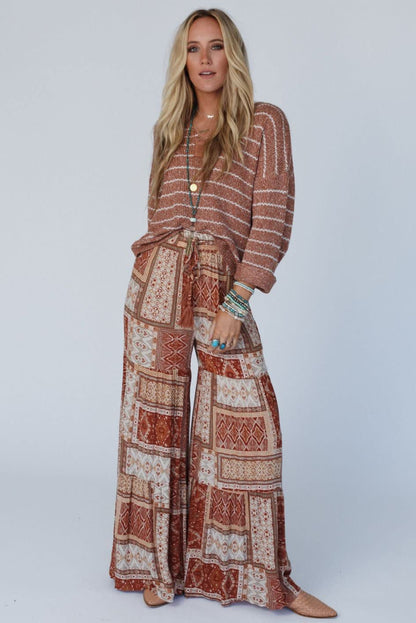 Boho tiered palazzo pants - brown Aztec print