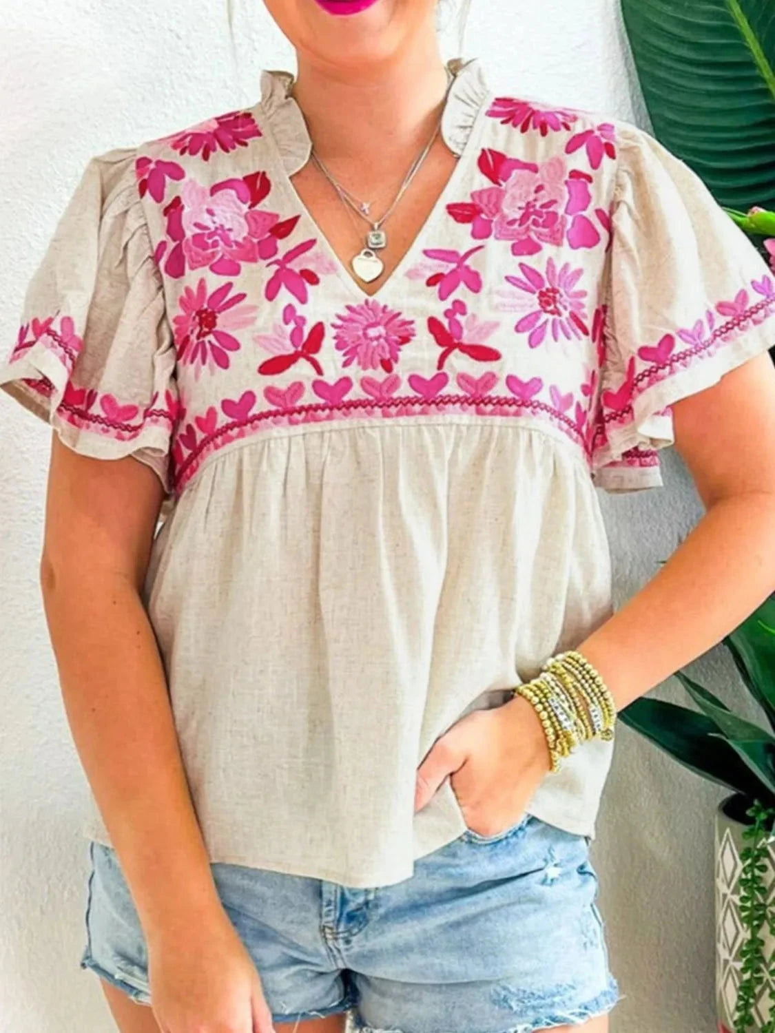 Floral Embroidered Short Sleeve Notched Blouse Simply Love