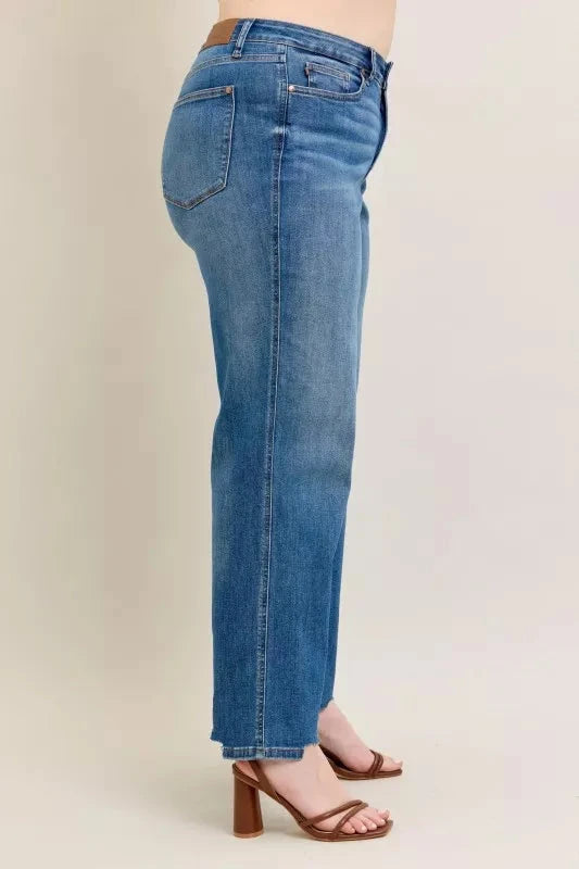 Judy Blue Full Size High Waist Tummy Control Chew Hem Destroy Wide Jeans Plus Size Coco’s Tee Boutique