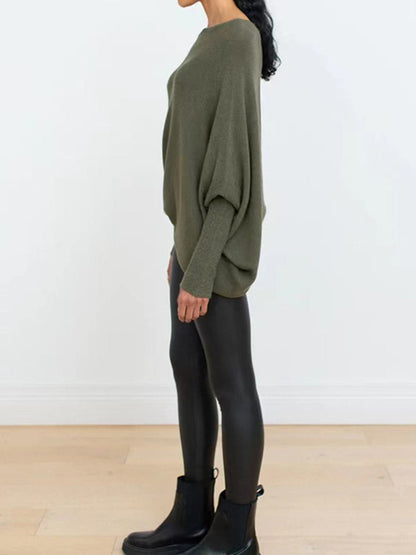 Full Size Boat Neck Batwing Sleeve Knit Top.