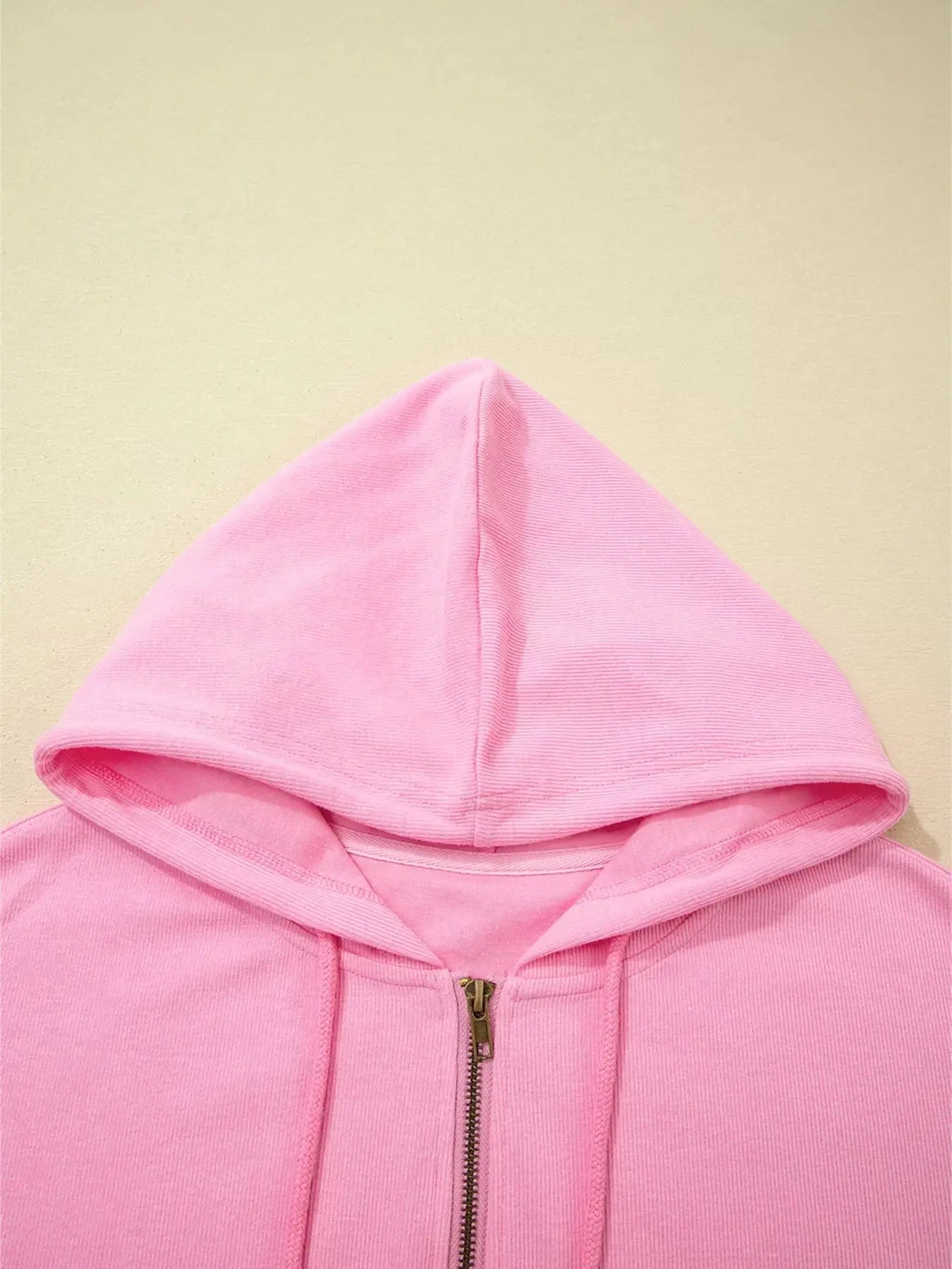 Solid Color Ribbed Zip Up Drawstring Hooded Jacket Simply Love