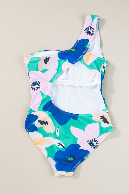 Floral ruched one-shoulder monokini with cut-out back