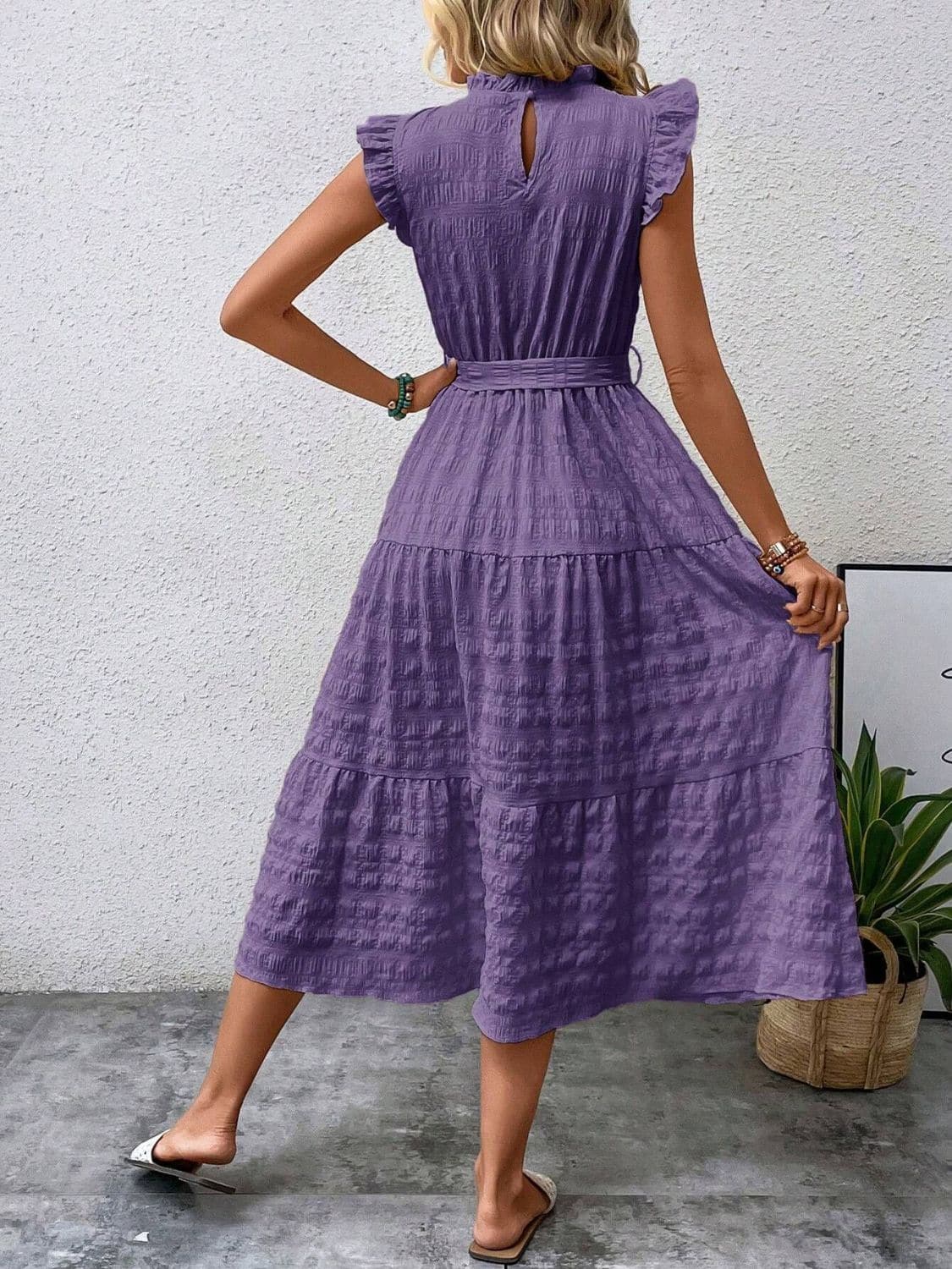 Tied Ruffled Cap Sleeve Midi Dress.