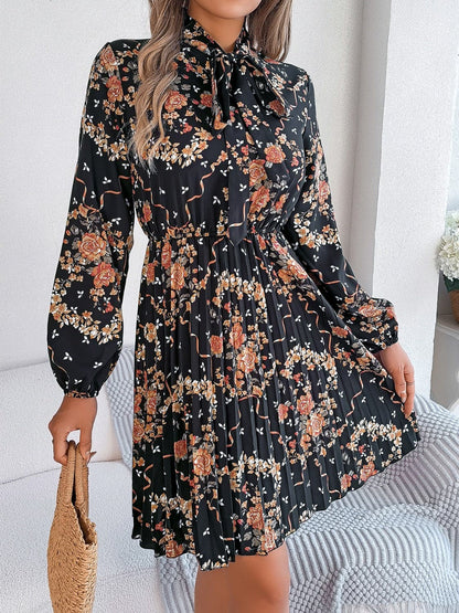 Pleated Printed Tie Neck Long Sleeve Dress.