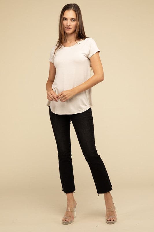 Flowy Round Hem Rayon Short Sleeve Top.