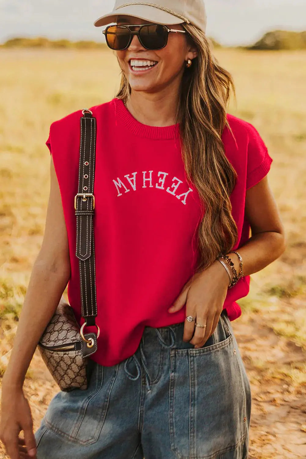 Fiery Red Embroidered Yeehaw Letter Loose Short Sleeve Sweater Dear-Lover Dropshipping