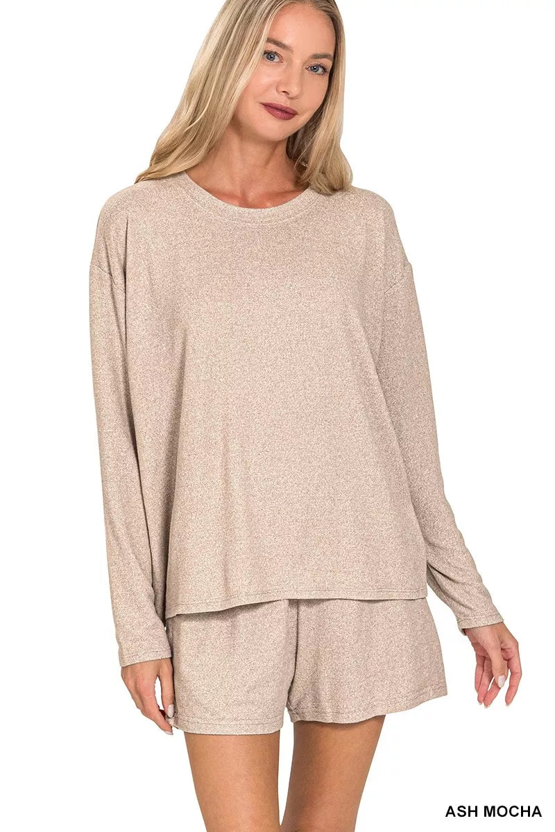 Zenana Soft Melange Long Sleeve Tee and Shorts Set Simply Love