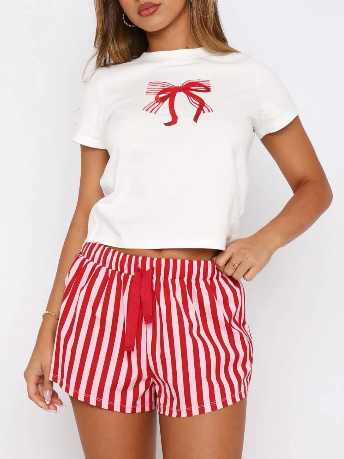 Casual Printed Short Sleeve Top with Drawstring Shorts Set