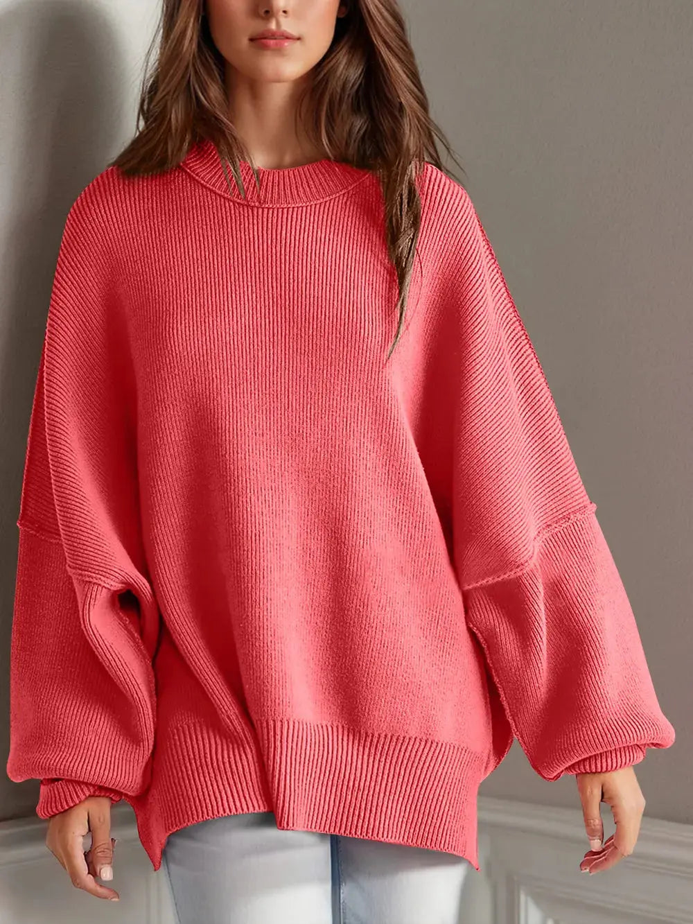 Double Take Side Slit Round Neck Long Sleeve Sweater - Love Salve