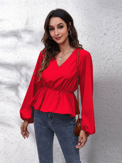 V-Neck Balloon Sleeve Peplum BlouseUpgrade Your Style with the V-Neck Balloon Sleeve Peplum Blouse
 Step up your fashion game with this elegant V-Neck Balloon Sleeve Peplum Blouse that effortlessly coLove Salve -Neck Balloon Sleeve Peplum BlouseBlouses