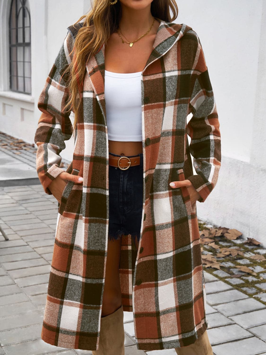 Chic plaid hooded coat with pockets