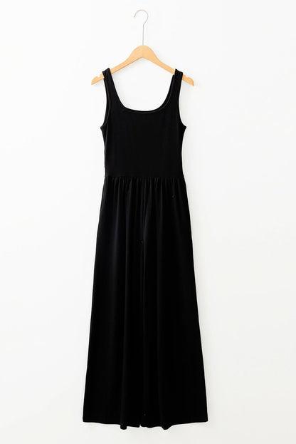 Chic Black Peekaboo Wide Leg Jumpsuit with Square Neck and Sleeveless Design