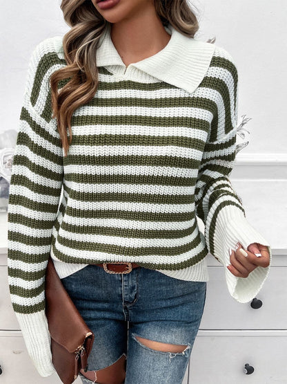 Striped Collared Neck Long Sleeve Sweater.