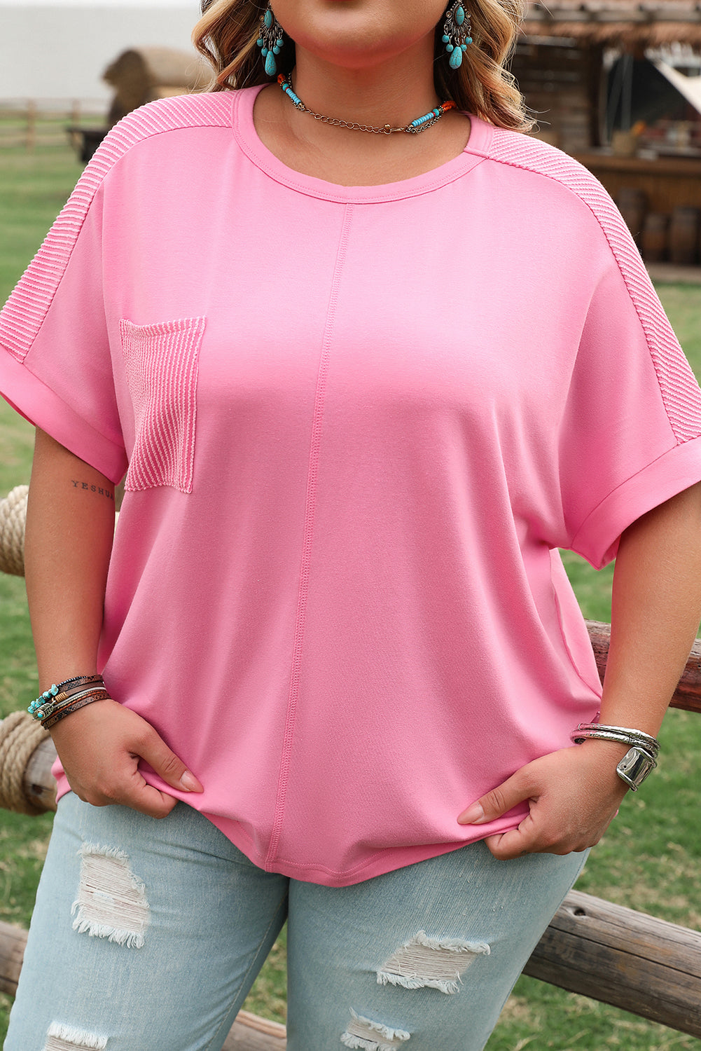 Bonbon Plus Size Patchwork Pocket T-Shirt with Corded Design