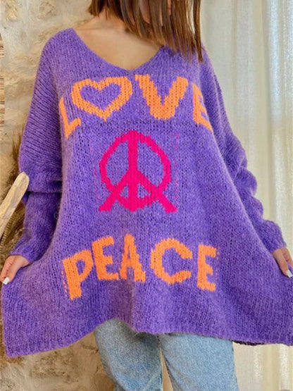 Peace Graphic V-Neck Long Sleeve Sweater.