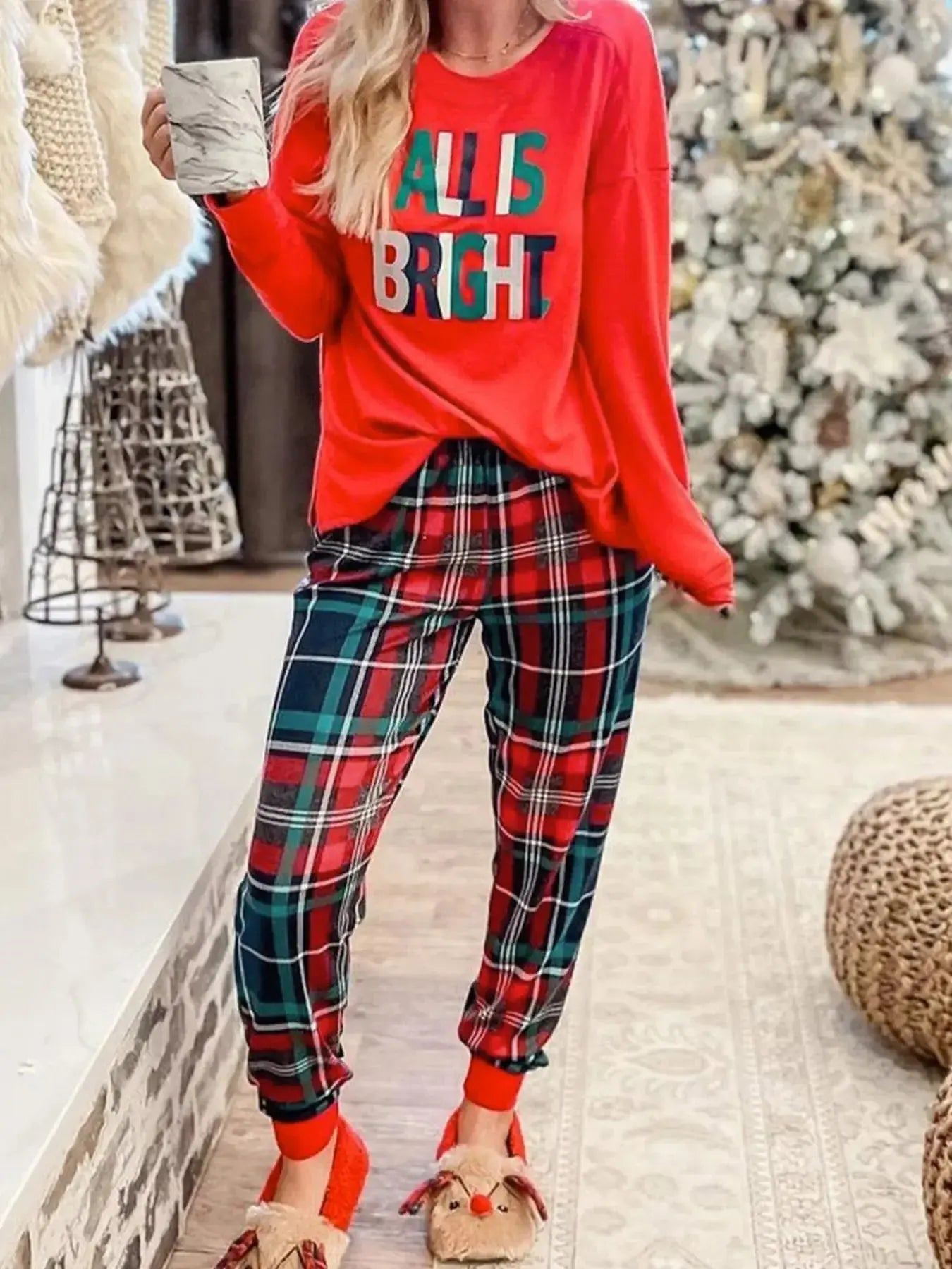 ALL IS BRIGHT Graphic Christmas Plaid Pajamas Set Simply Love