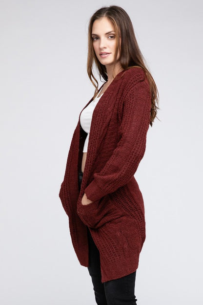 Twisted texture open front cardigan with pockets