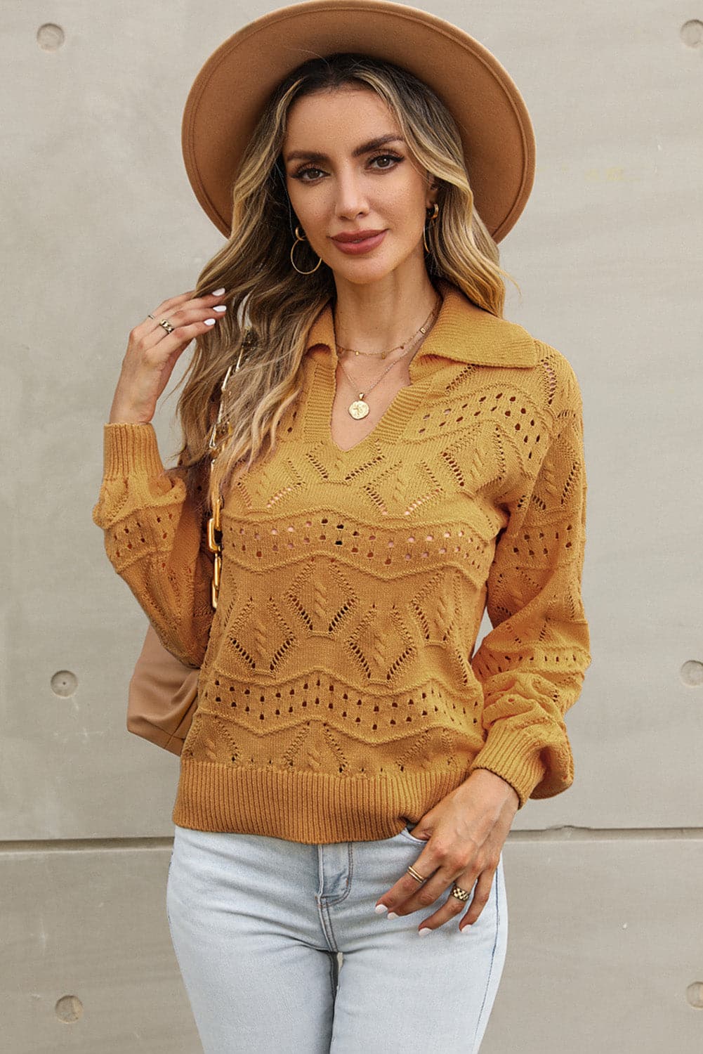 Openwork Lantern Sleeve Sweater.