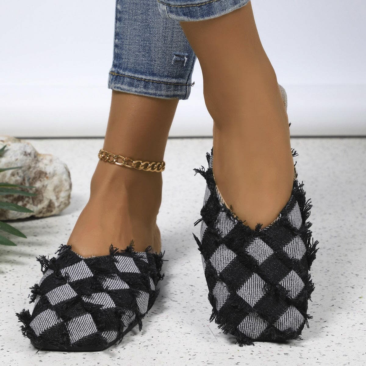 Cozy Plaid Square Toe Flat Slides.