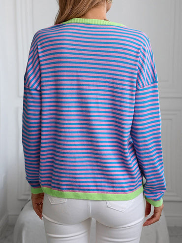 Striped V-neck knit top with contrast trim and long sleeves