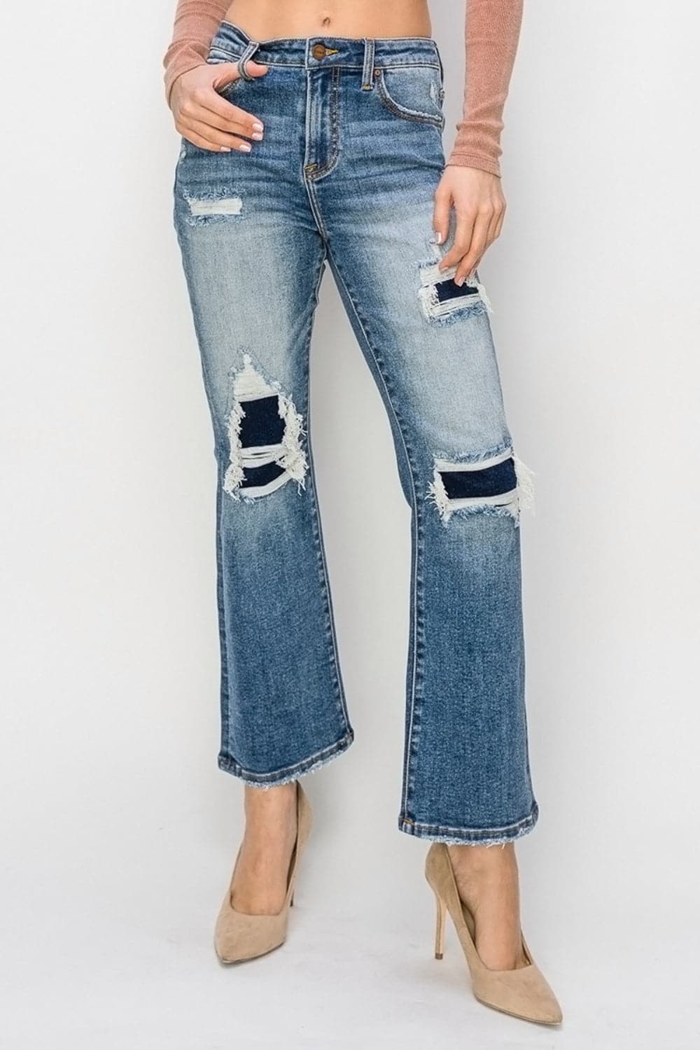 Risen Full Size High Rise Distressed Ankle Flare Jeans.