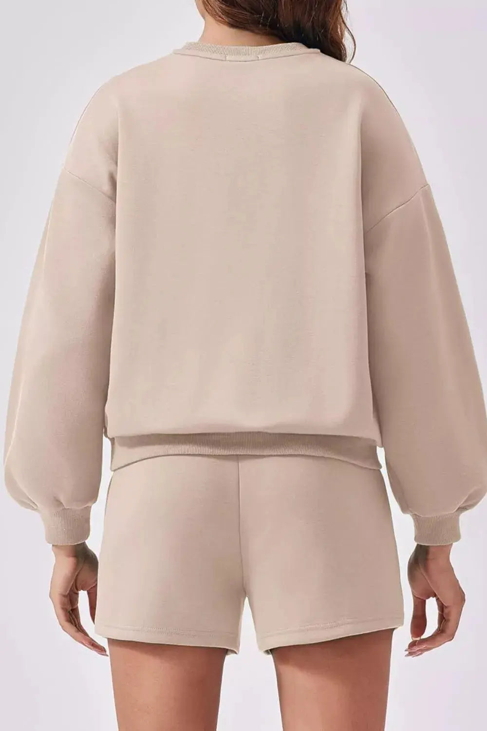 Beige Round Neck Sweatshirt And Drawstring Shorts Set For Women Simply Love