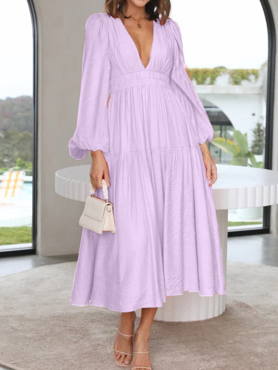 Deep V-Neck Balloon Sleeve Plain Maxi Dress.