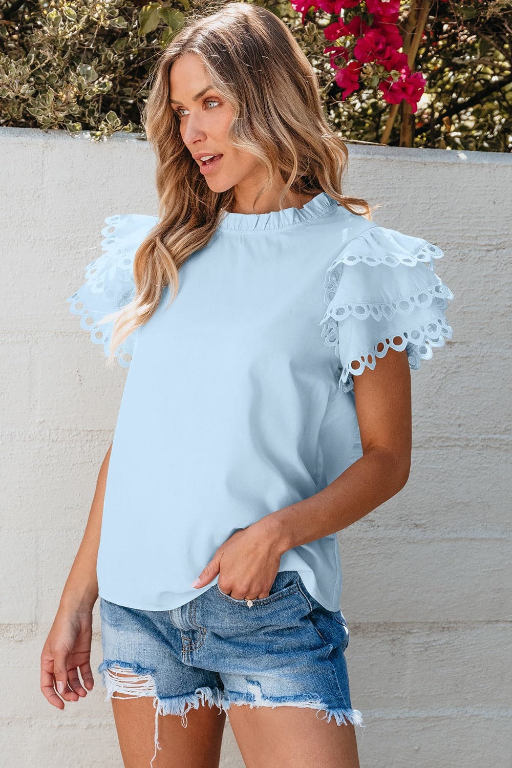 Ruffled Eyelet Round Neck Cap Sleeve Blouse.