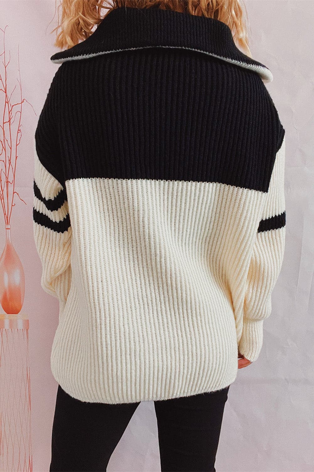 Quarter Zip Striped Dropped Shoulder Sweater.