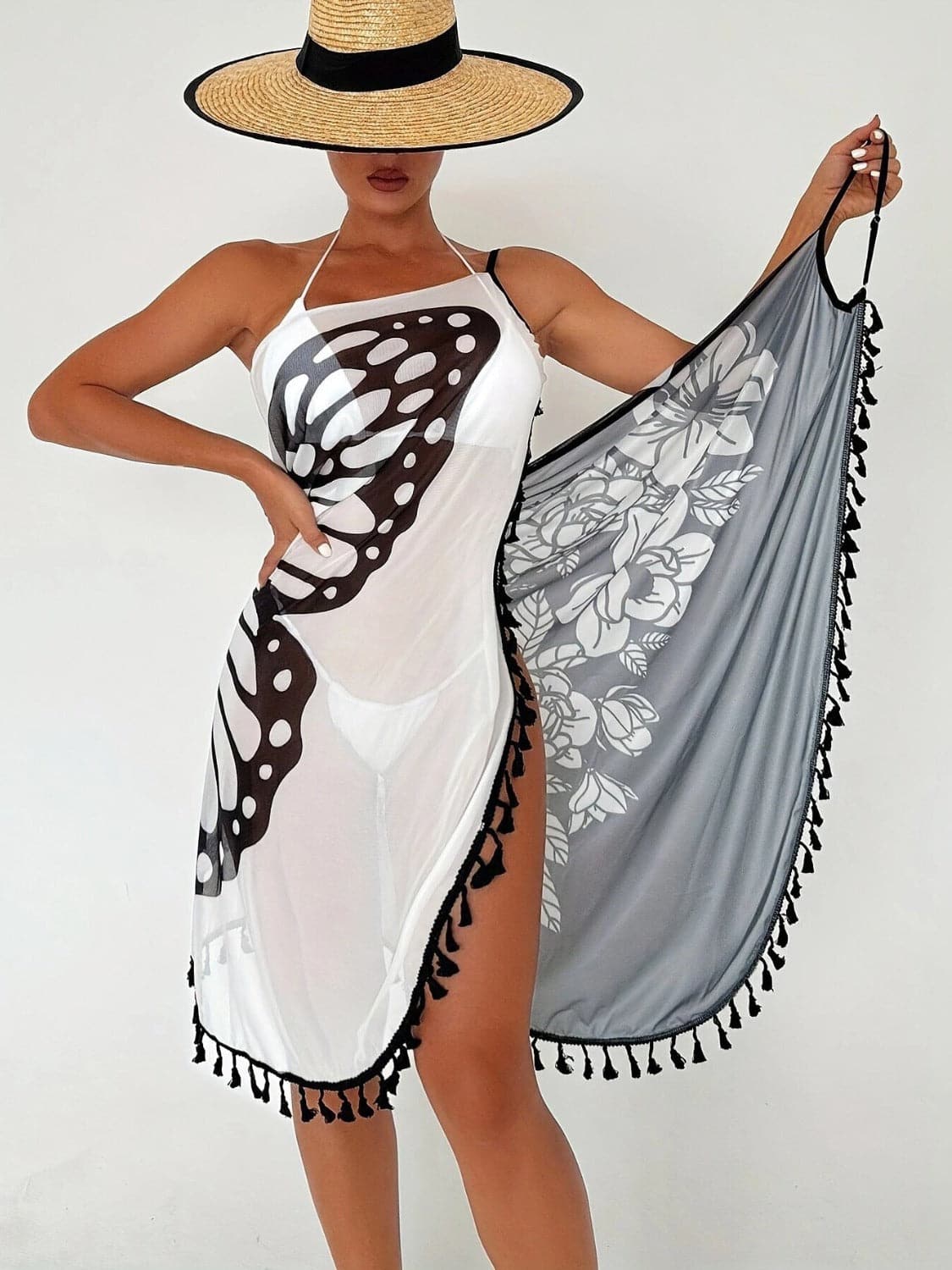 Tassel Printed Spaghetti Strap Cover Up.