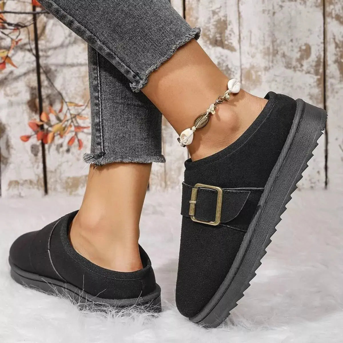 Buckle Decor Plush Lined Warm Slippers Simply Love