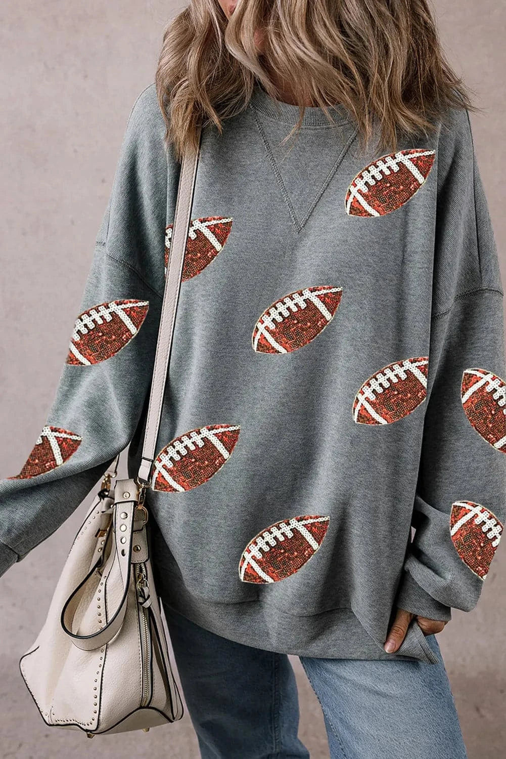 Sequin Football Round Neck Long Sleeve Sweatshirt.