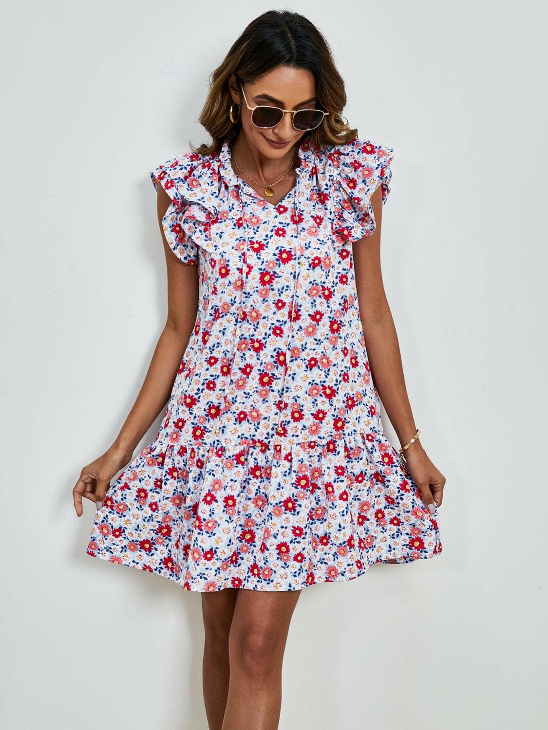 Tied Floral Cap Sleeve Mini Dress.