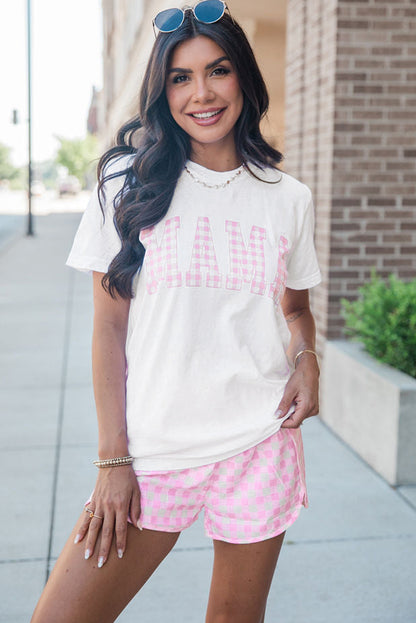 White MAMA Printed Tee and Plaid Shorts Lounge Set